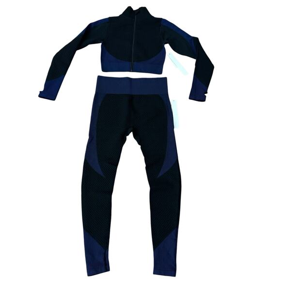 New Mix Zip Up Cropped Active Top & High Waist Leggings Set Black & Blue Size S - Picture 2 of 6
